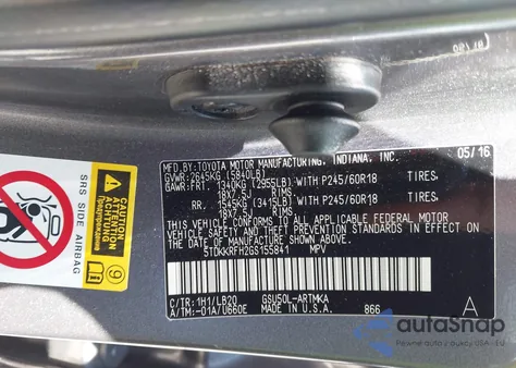 2016 Toyota Highlander Xle V6 from USA, damaged, VIN 5TDKKRFH2GS155841